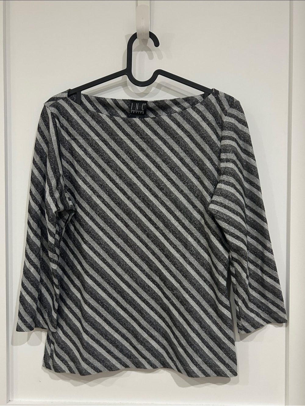 INC International Concepts Black & Gray Diagonal Stripe Boatneck Top